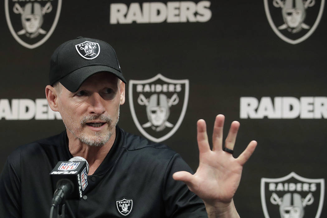 In this April 11, 2019, file photo, Oakland Raiders general manager Mike Mayock speaks during a ...