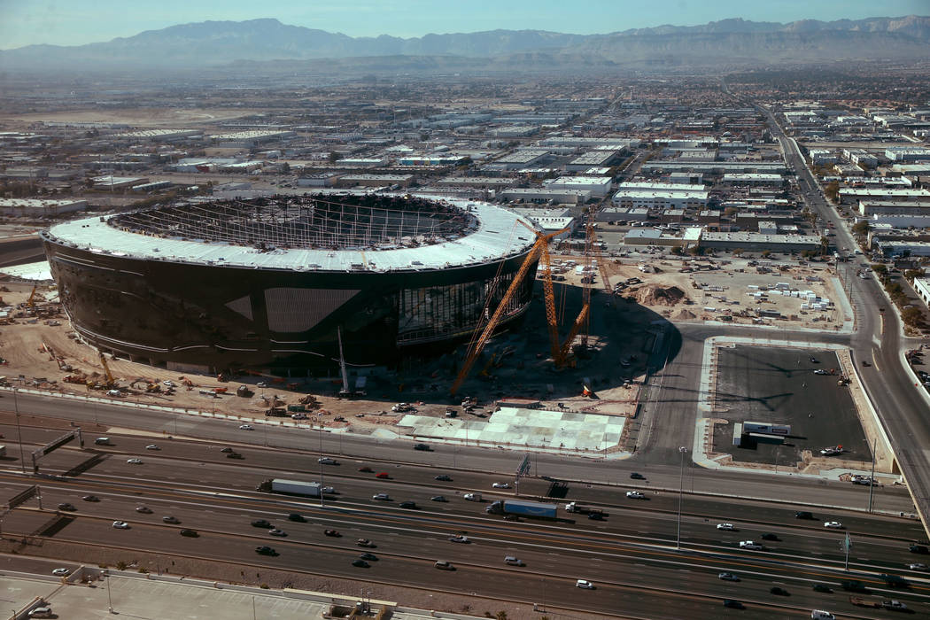 Allegiant Stadium, home of the Las Vegas Raiders, as seen from Rivea restaurant at Delano in La ...