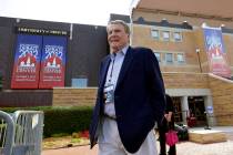 FILE - This Oct. 1, 2012 file photo shows moderator Jim Lehrer outside Magness Arena, site of a ...