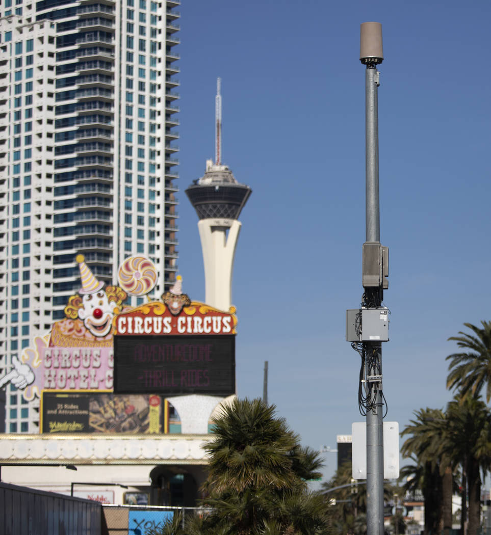 A small cell site is installed on a pole on Las Vegas Boulevard, south of Sahara Avenue, on Fri ...