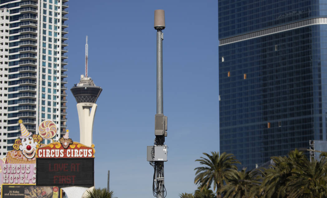 A small cell site is installed on a pole on Las Vegas Boulevard, south of Sahara Avenue, on Fri ...