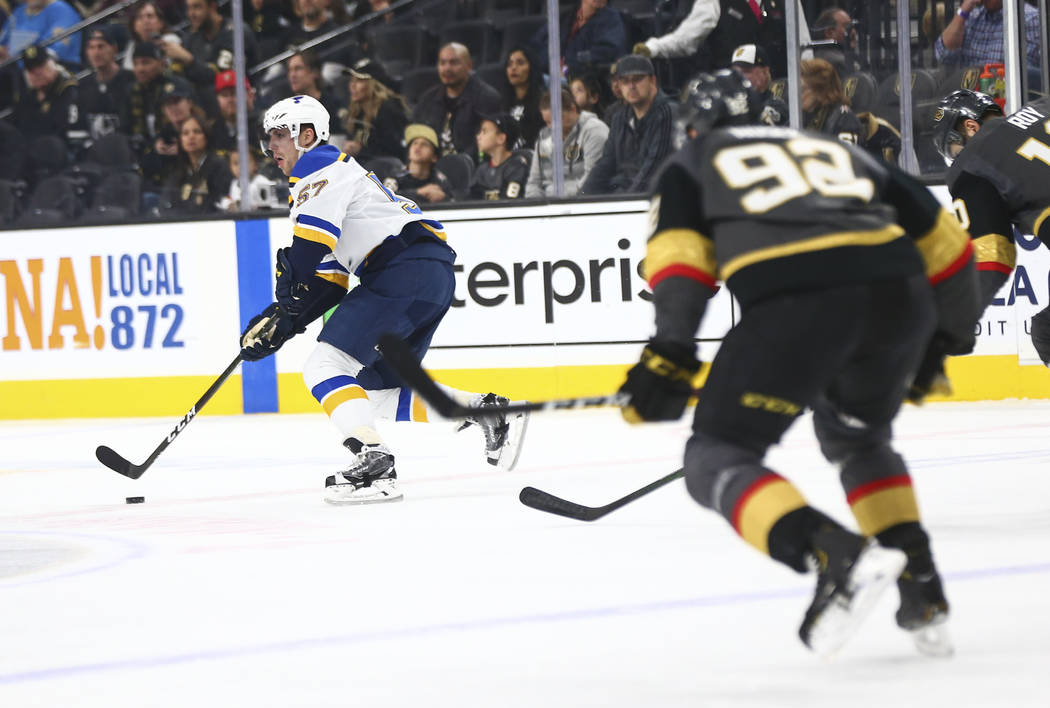 St. Louis Blues' David Perron (57) skates with the puck during the first period of an NHL hocke ...