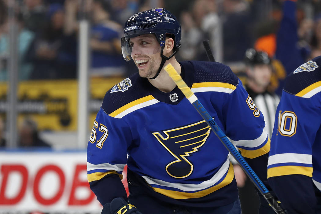 St. Louis Blues' David Perron celebrates after scoring during the second period of an NHL hocke ...