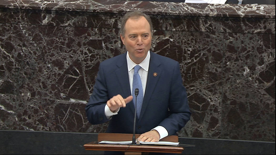 In this image from video, House impeachment manager Rep. Adam Schiff, D-Calif., speaks during t ...