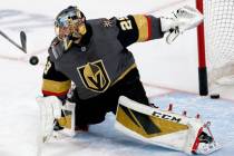 Vegas Golden Knights goaltender Marc-Andre Fleury (29) is seen in warm-ups prior to an NHL hock ...