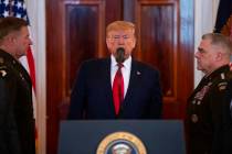 President Donald Trump arrives to address the nation from the White House on the ballistic miss ...