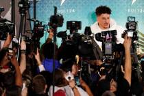 Kansas City Chiefs Patrick Mahomes speaks to the media during Opening Night for the NFL Super B ...
