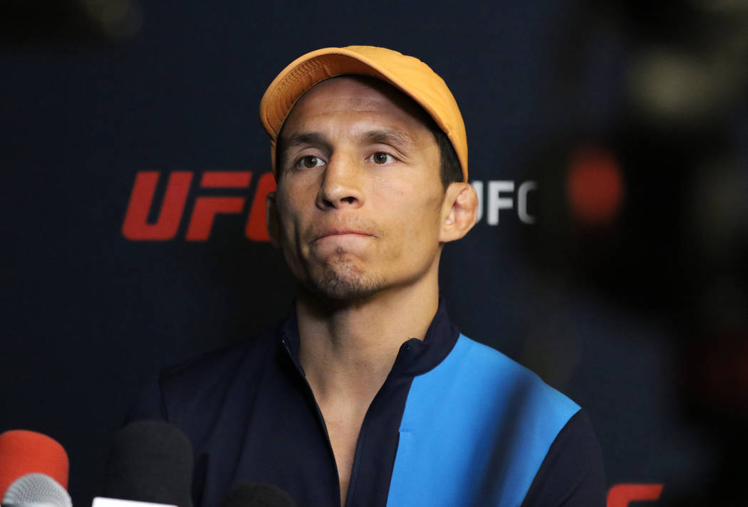 UFC flyweight Joseph Benavidez takes questions during a media scrum at the UFC Performance Inst ...