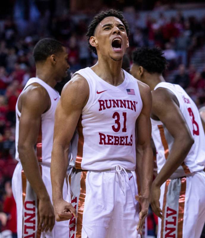 UNLV Rebels guard Marvin Coleman (31) yells out after a hard foul call on the San Diego State A ...