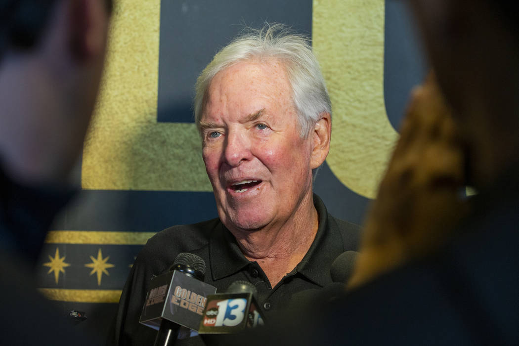 The Vegas Golden Knights owner Bill Foley talks to the media at City National Arena following a ...