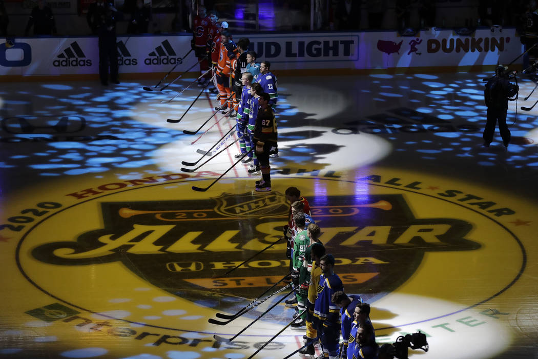 Hockey players are introduced before the Skills Competition, part of the NHL All-Star weekend, ...