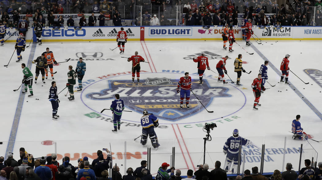 Players warm up before the Skills Competition, part of the NHL All-Star weekend, Friday, Jan. 2 ...