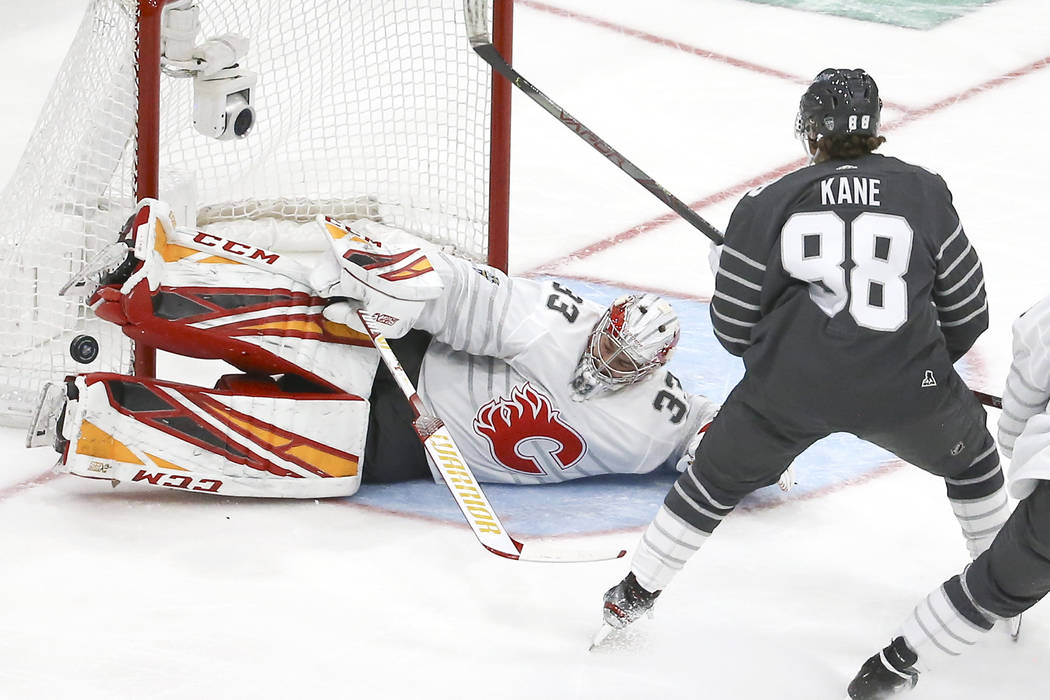 Calgary Flames goalie David Rittich (33) blocks a shot against Chicago Blackhawks forward Patri ...