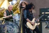 In this Aug. 15, 2018, file photo, Joey Kramer, from left, Steven Tyler and Joe Perry of Aerosm ...