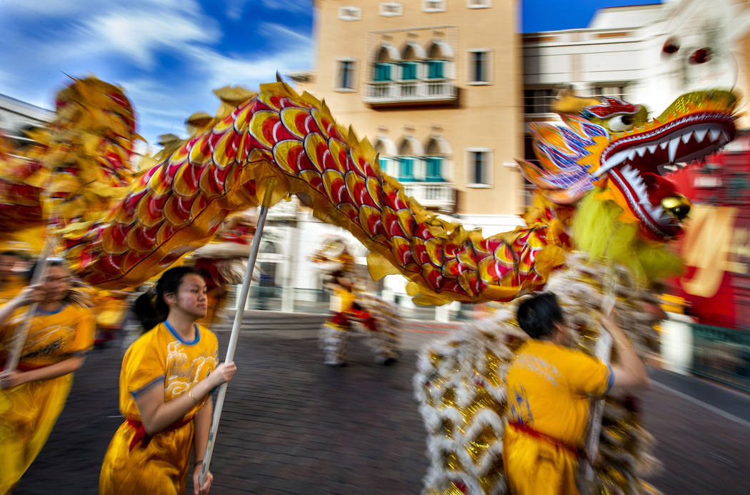 Dancers from the Yau Kung Moon dance troupe in San Francisco perform to celebrate the Lunar New ...