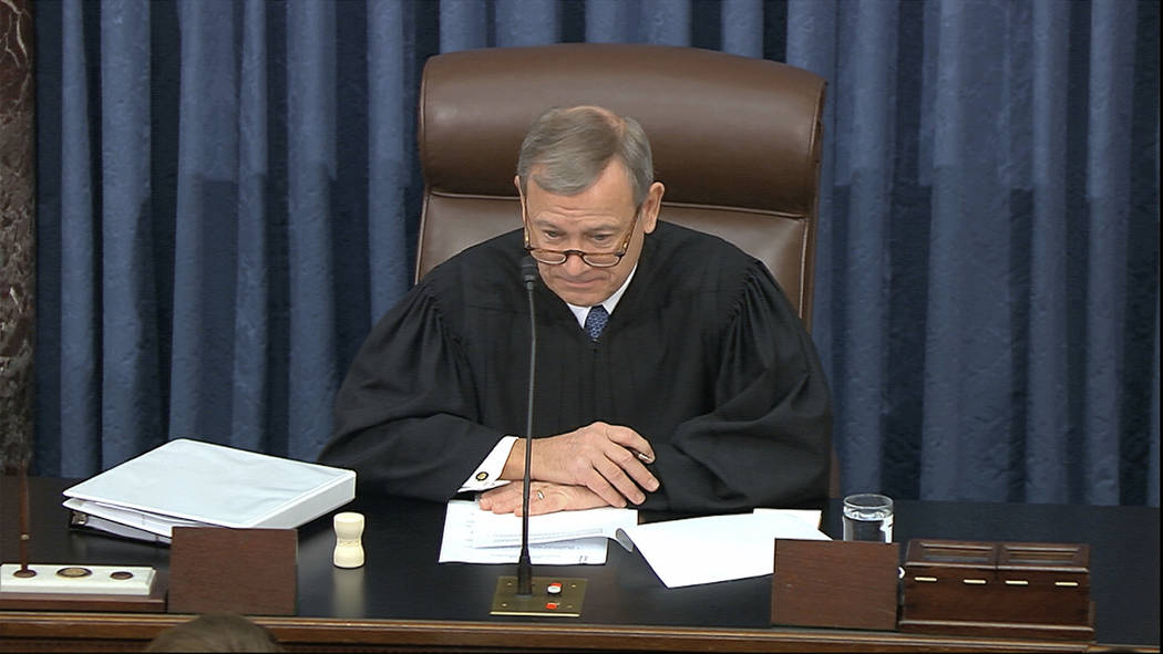 Presiding officer Supreme Court Chief Justice John Roberts speaks during the impeachment trial ...