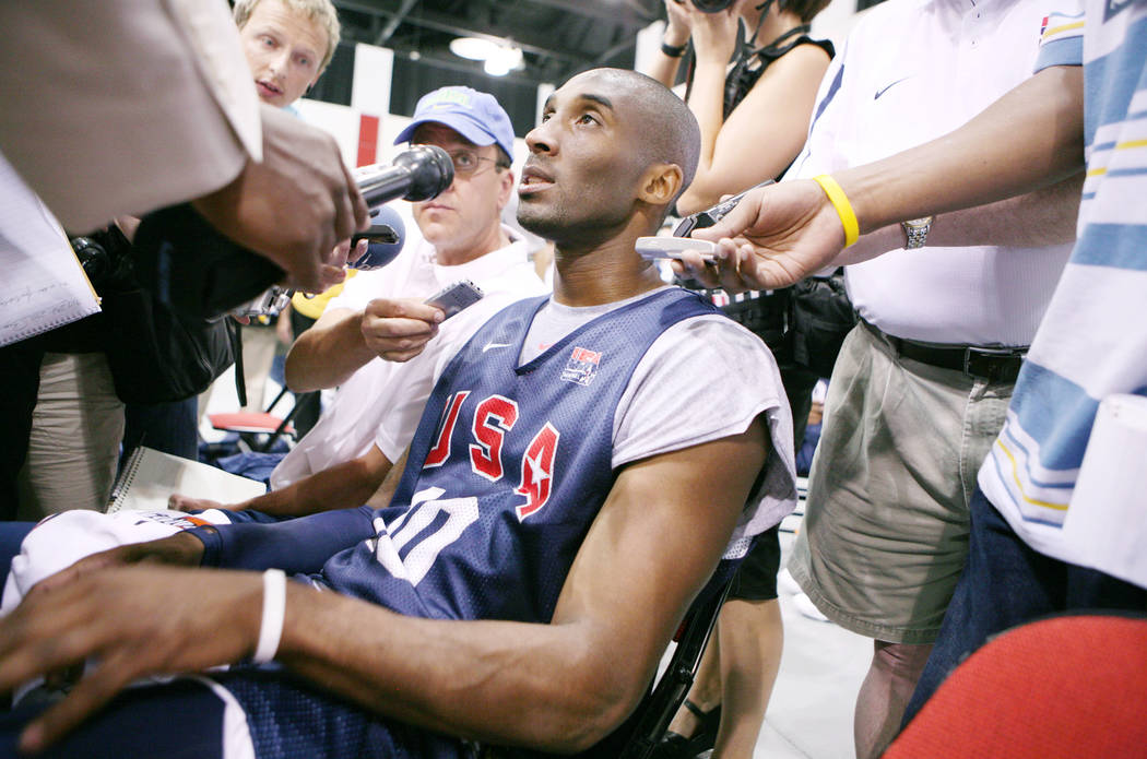 Los Angeles Lakers basketball player Kobe Bryant speaks to the media after Team USA Men's Baske ...