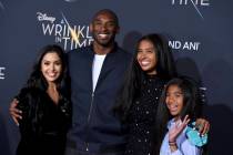 This Feb. 26, 2018 file photo shows Vanessa Bryant, from left, Kobe Bryant, Natalia Bryant and ...