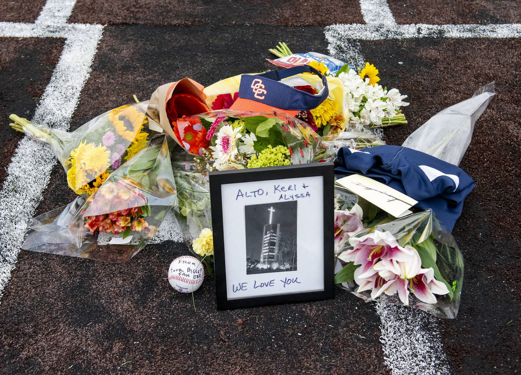A makeshift memorial was created on home plate Orange Coast College baseball field in Costa Mes ...
