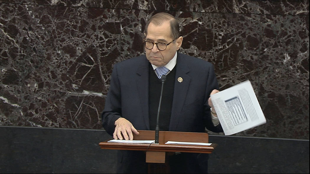 In this image from video, impeachment manager Rep. Jerrold Nadler, D-N.Y., argues in favor of a ...