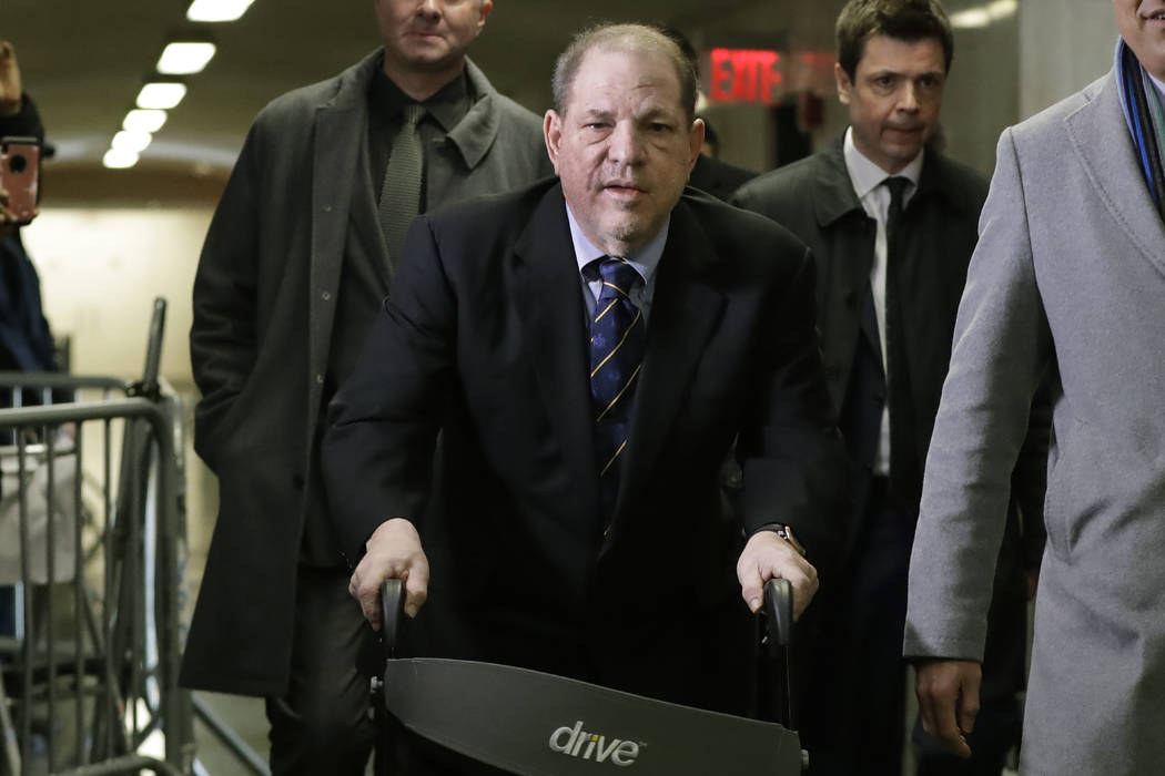 Harvey Weinstein arrives at court for his rape trial, in New York, Friday, Jan. 24, 2020. (AP P ...