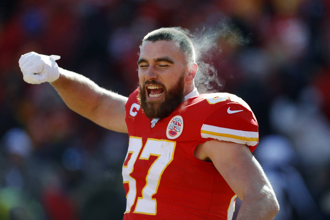 Kansas City Chiefs tight end Travis Kelce before the start of an NFL, AFC Championship football ...