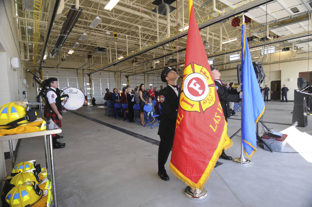 The North Las Vegas Honor Guard posts colors at the beginning of the grand opening ceremonies a ...