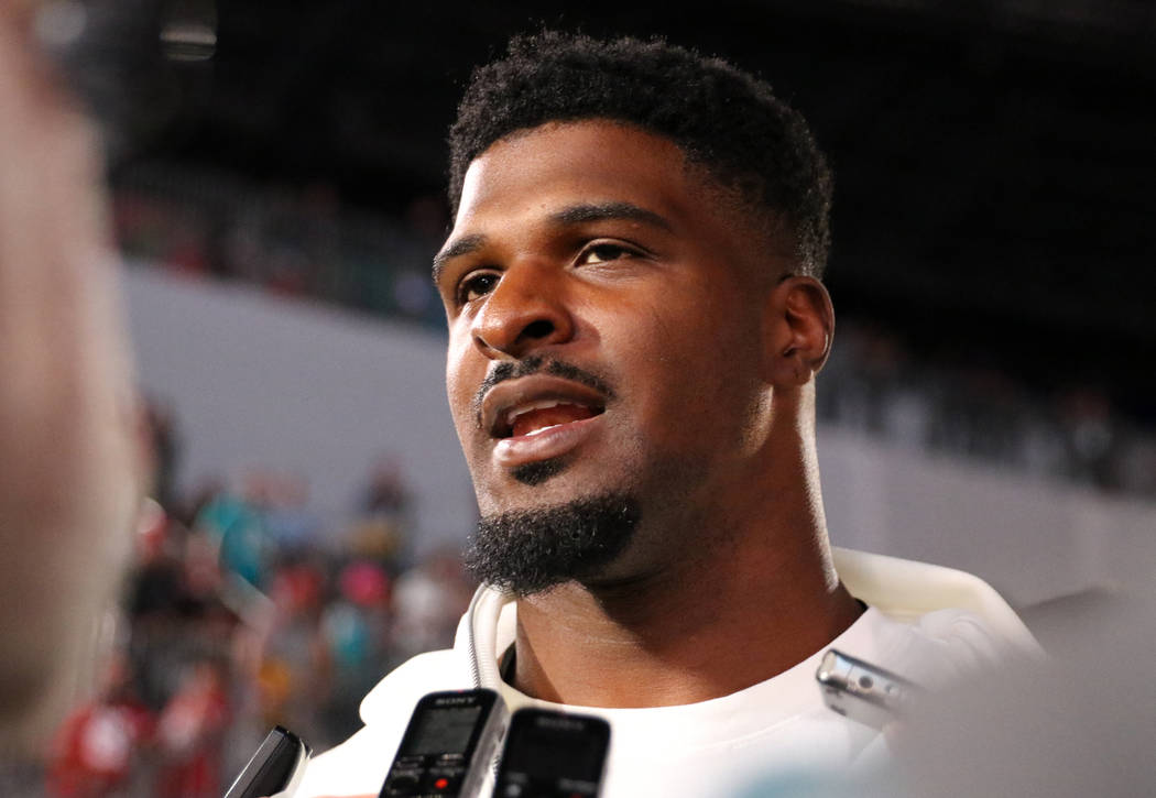 San Francisco 49ers defensive end Dee Ford speaks to media during Super Bowl LIV Opening Night ...