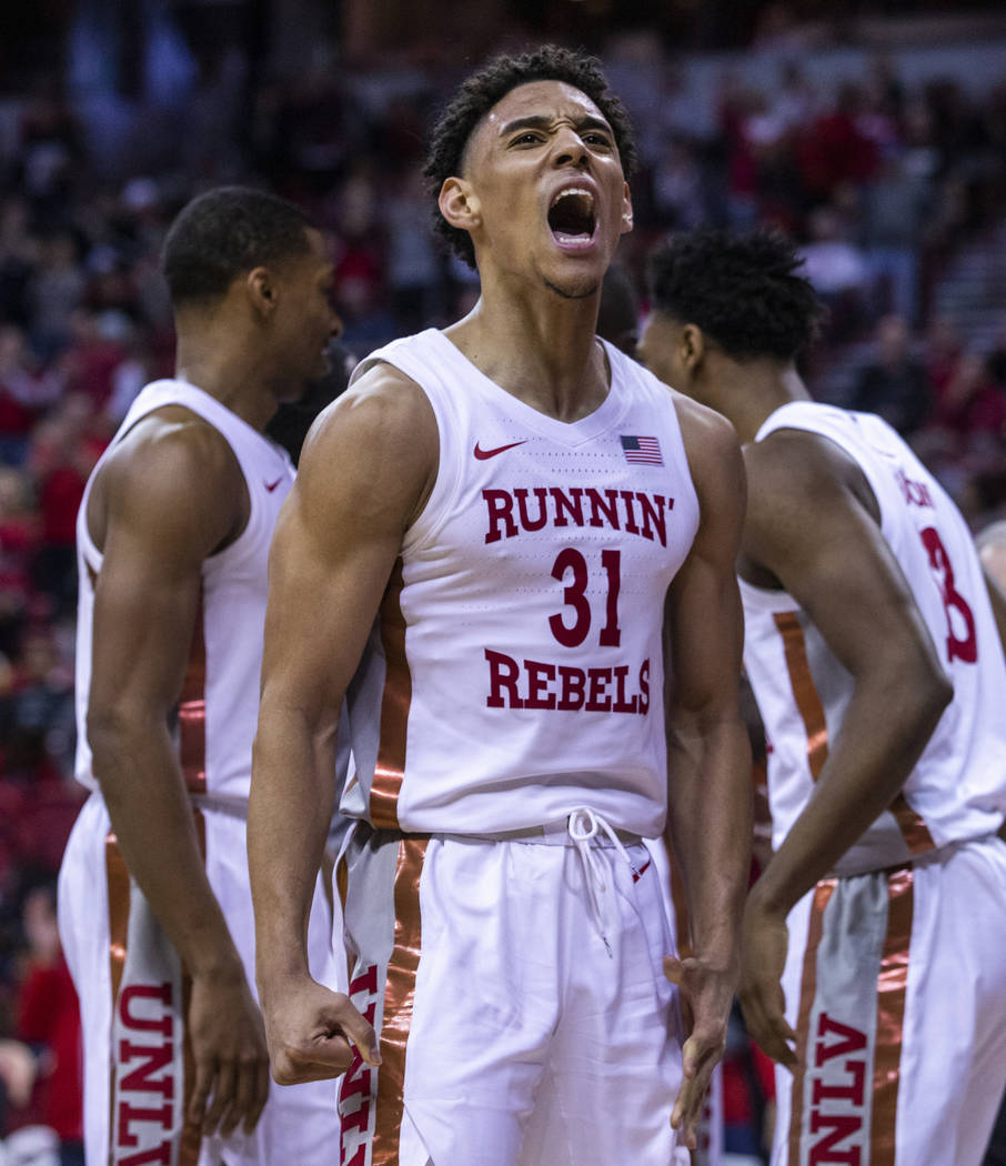 UNLV Rebels guard Marvin Coleman (31) yells out after a hard foul call on the San Diego State A ...