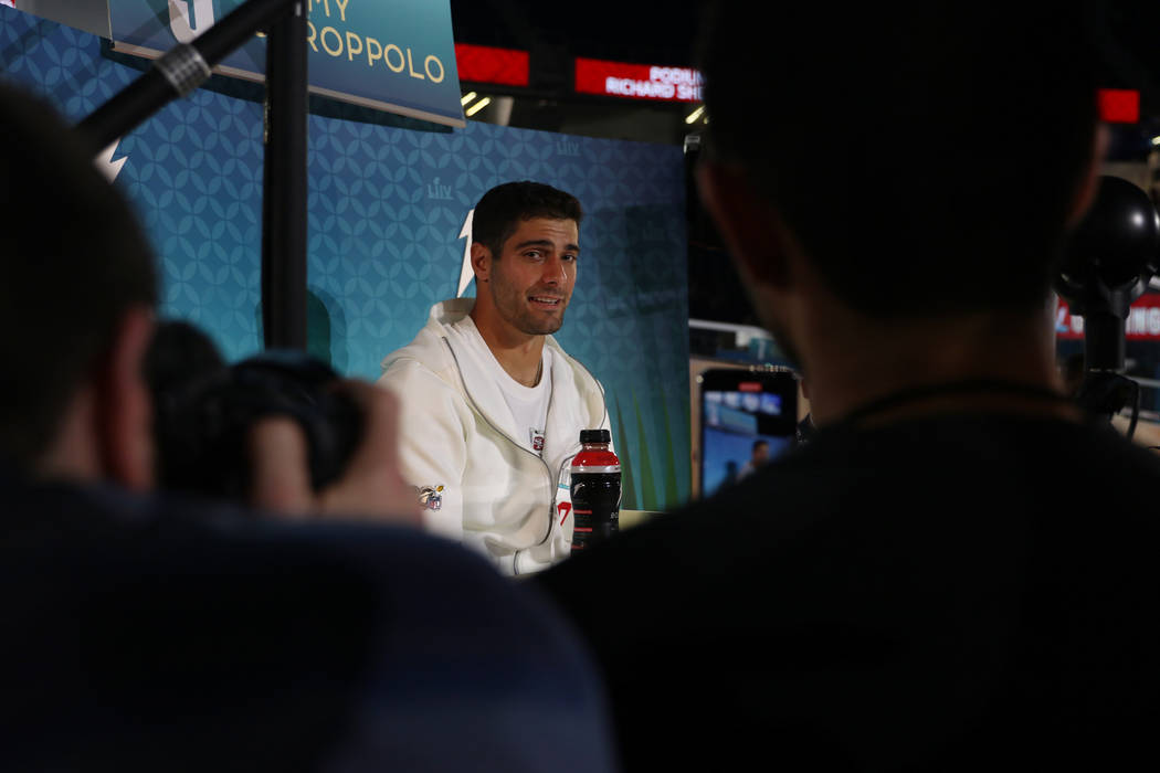San Francisco 49ers quarterback Jimmy Garoppolo reacts to a question asked during Super Bowl LI ...