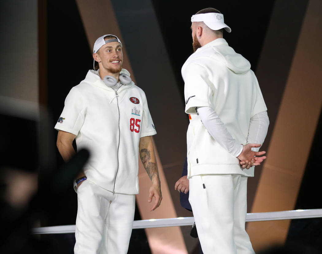 San Francisco 49ers tight end George Kittle, left, and Kansas City Chiefs tight end Travis Kelc ...