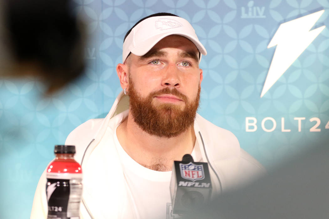 Kansas City Chiefs tight end Travis Kelce takes questions from the media during Super Bowl LIV ...