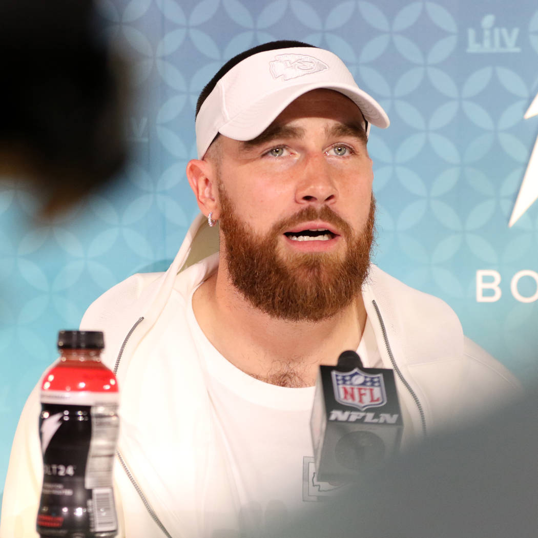 Kansas City Chiefs tight end Travis Kelce takes questions from the media during Super Bowl LIV ...