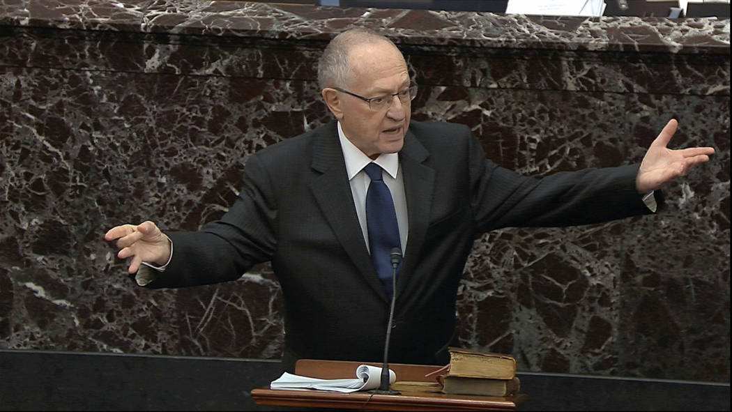 Alan Dershowitz, an attorney for President Donald Trump, speaks during the impeachment trial ag ...