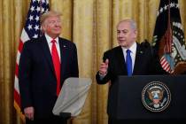 Israeli Prime Minister Benjamin Netanyahu speaks during an event with President Donald Trump in ...