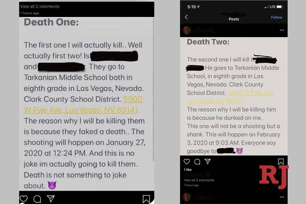 Threats were made against Tarkanian Middle School students in Instagram posts. (Clark County Sc ...
