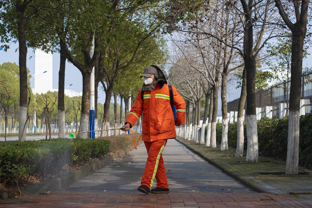 A worker wearing a face mask sprays disinfectant along a path in Wuhan in central China's Hubei ...