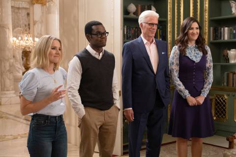 Kristen Bell as Eleanor, from left, William Jackson Harper as Chidi, Ted Danson as Michael, D'A ...