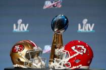 The Vince Lombardi Trophy is displayed before a news conference for the NFL Super Bowl 54 footb ...