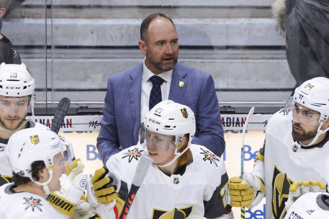 Vegas Golden Knights new head coach Peter DeBoer is seen on the bench as Vegas Golden Knights c ...