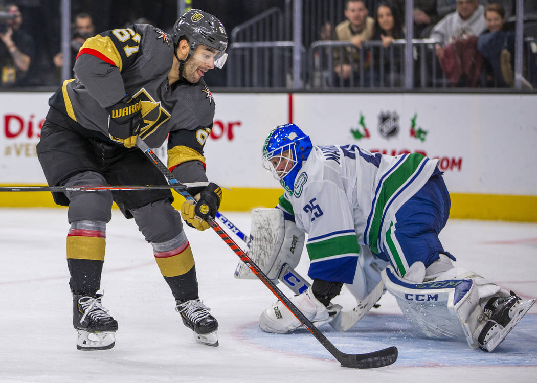Vegas Golden Knights left wing Max Pacioretty (67) scores his second of the night on Vancouver ...