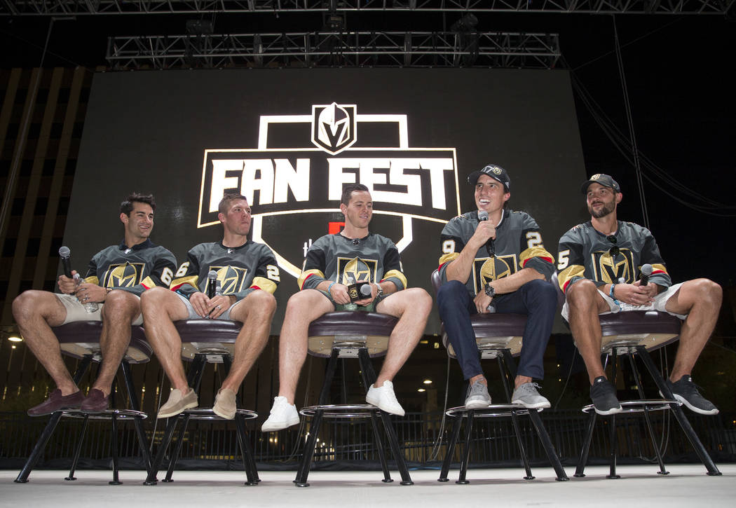 Vegas Golden Knights players, from left, Max Pacioretty, Paul Stastny, Jonathan Marchessault, M ...
