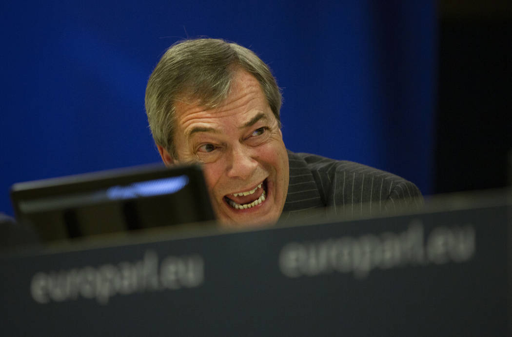 Brexit Party leader Nigel Farage speaks during a media conference at the European Parliament in ...