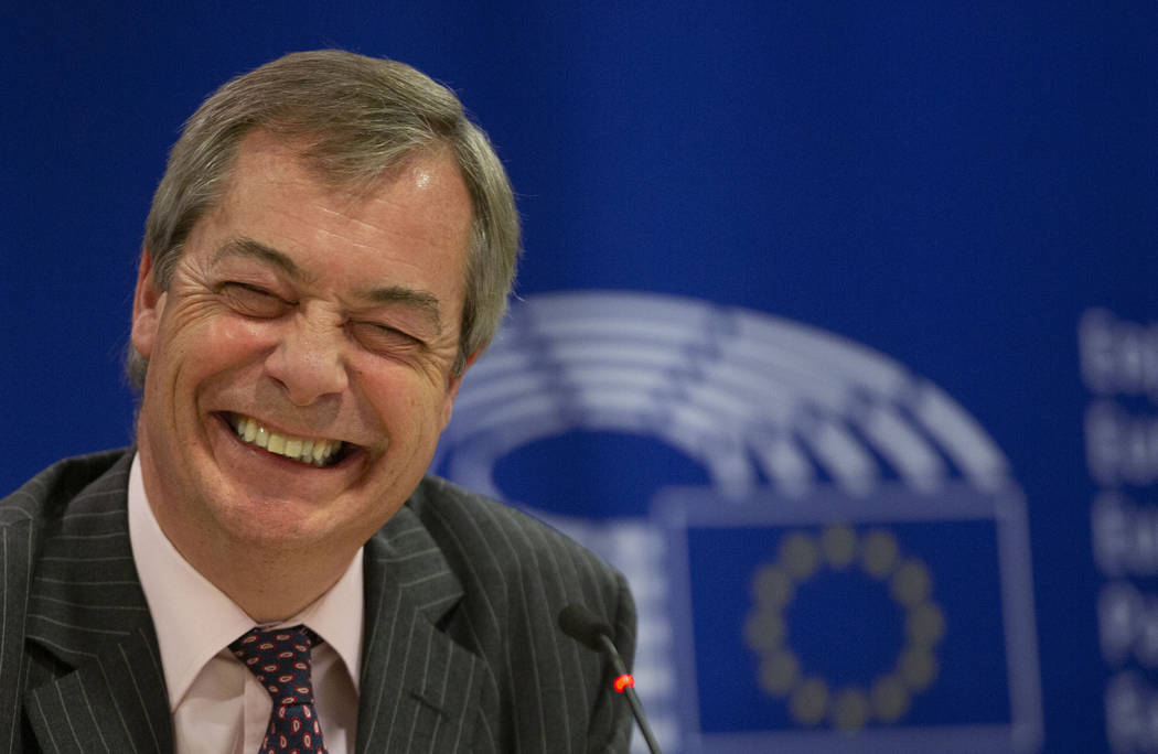 Brexit Party leader Nigel Farage speaks during a media conference at the European Parliament in ...