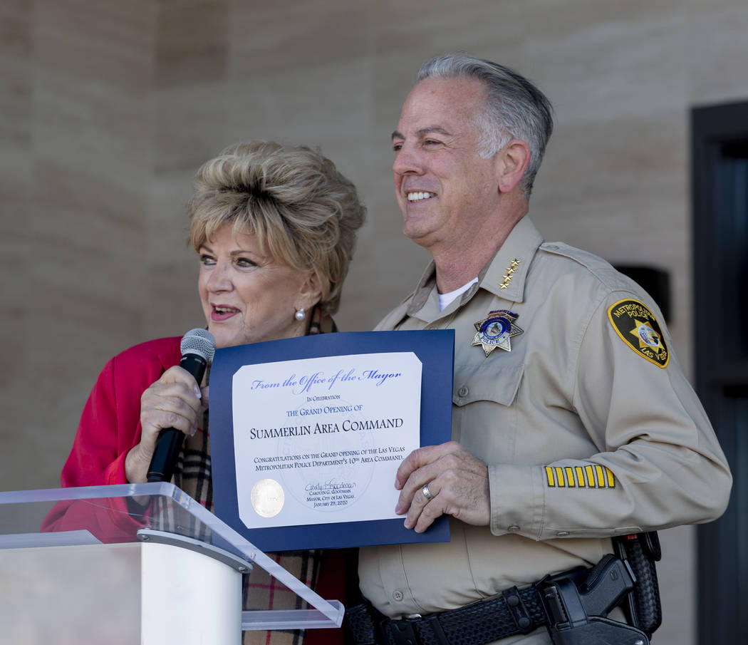 Las Vegas Mayor Carolyn Goodman, left, congratulate Sheriff Jospeh Lambardo during the official ...