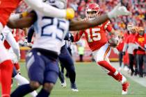Kansas City Chiefs quarterback Patrick Mahomes (15) scrambles for a touchdown during an NFL, AF ...