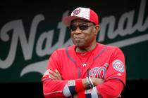 FILE- In this July 4, 2016, file photo, Washington Nationals manager Dusty Baker (12) stands i ...