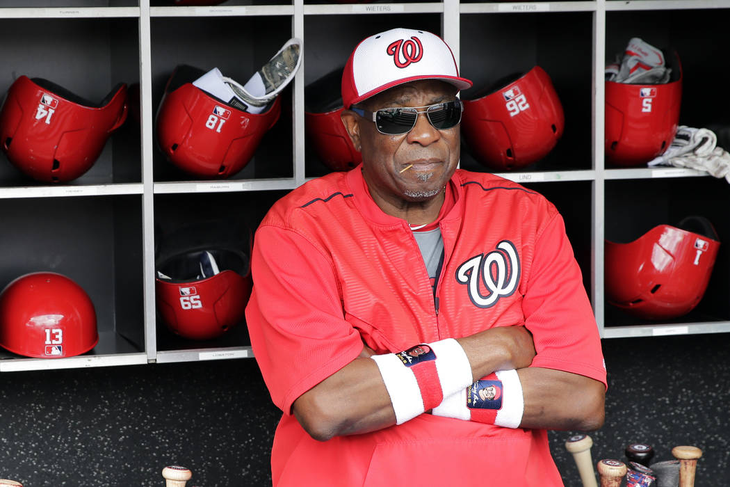 FILE - In this July 8, 2017, file photo, Washington Nationals manager Dusty Baker watches batti ...