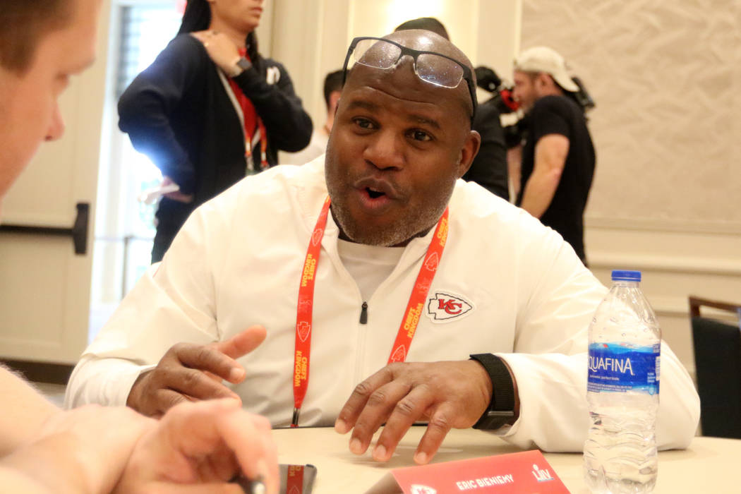 Kansas City Chiefs offensive coordinator Eric Bieniemy answers questions during Super Bowl LIV ...