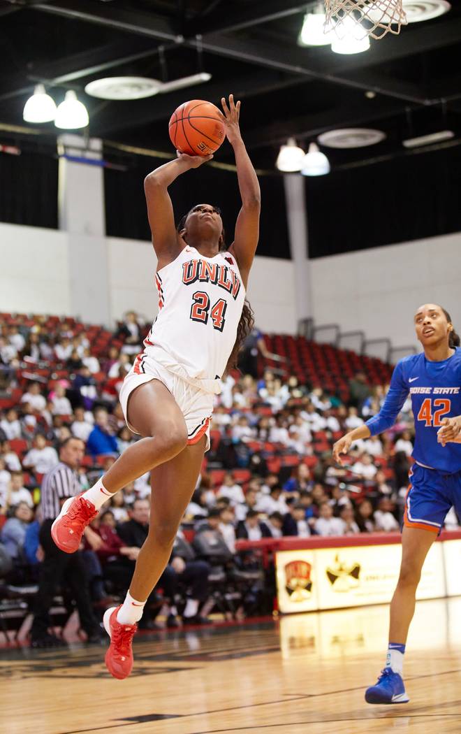 UNLV center Rodjanae Wade attempts a layup against Boise State on January 8, 2020 at Cox Pavili ...